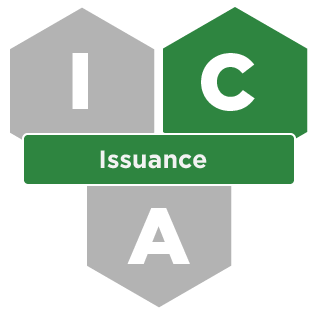 Three hexagons with the letters I, C, and A. The C is highlighted in green for Credential Management, with a green banner for the Issuance service. 