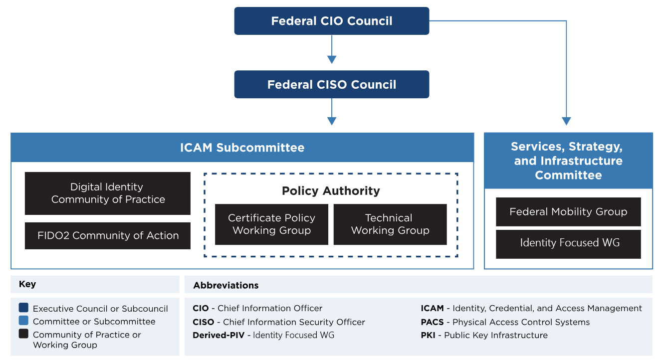 An organization chart of the FICAM Governance Bodies and Working Groups.