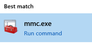 A screenshot of the mmc.exe icon. The words Best Match appear above the icon and the words Run command appear below the icon.