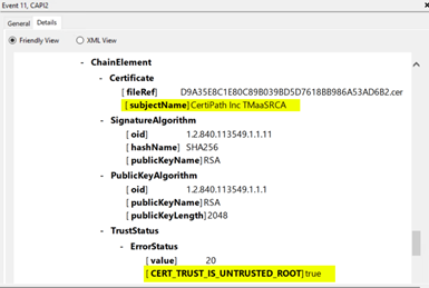 A screenshot of a window labeled Event 11, CAPI2. The subjectName and the Cert Trust Is Untrusted Root details are highlighted with yellow.