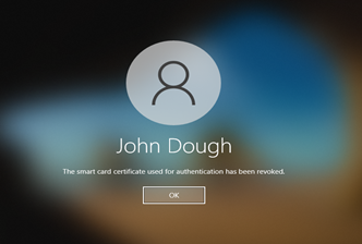 A screenshot of a logon window that includes the words The smart card used for authentication has been revoked.