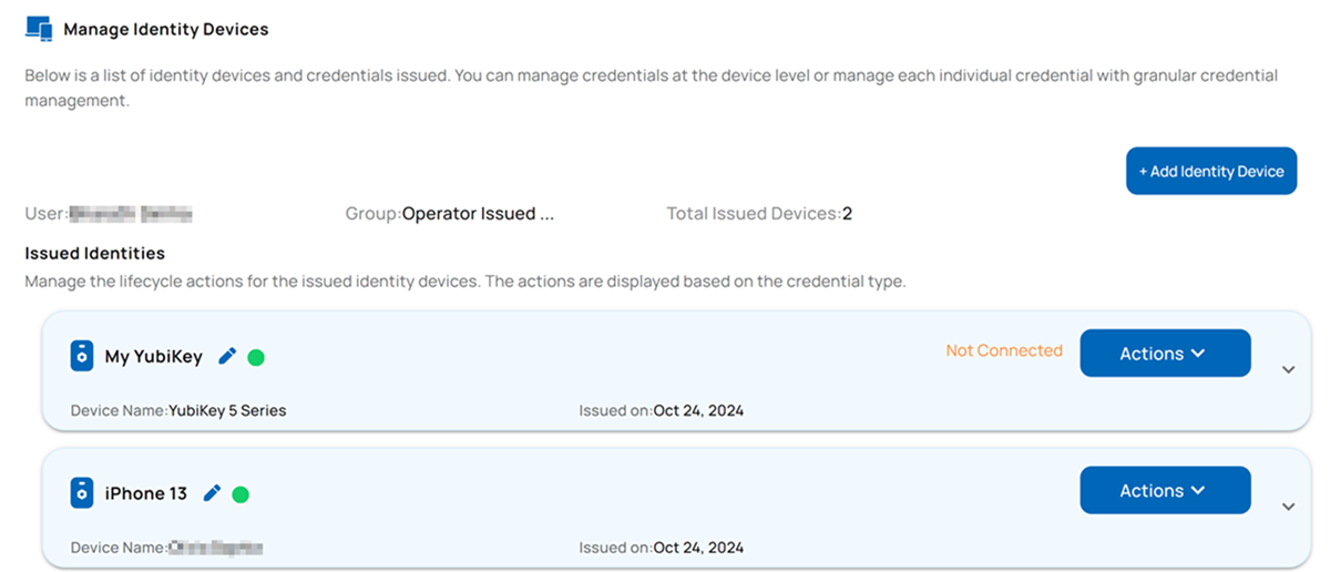 Manage Identity Devices Page